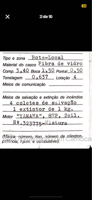 Barco Fibra 3,4m motor 8cv, atrelado