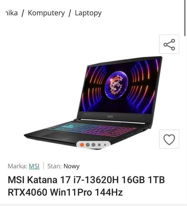 MSI Katana 17 i7-13620H 16GB 1TB RTX4060 Win11Pro 144Hz