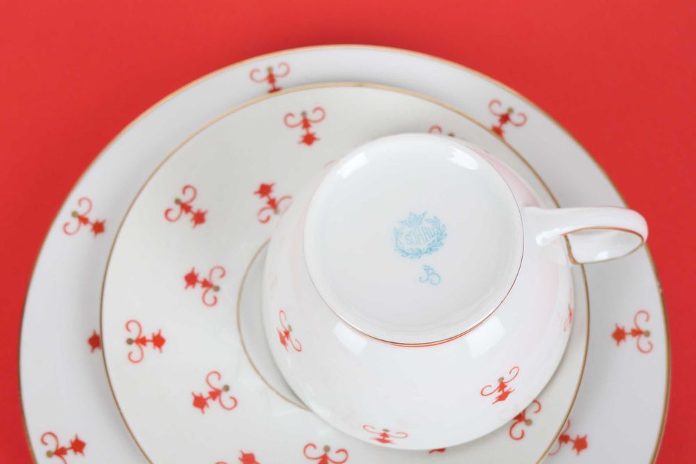 Filiżanka Sorau porcelana 3 części  koralowy wzór rzadki