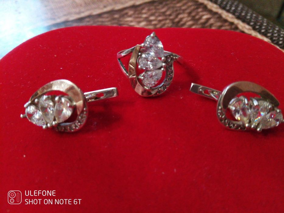 Срібний набір, з золотими пластинами, сяючі фіаніти,925