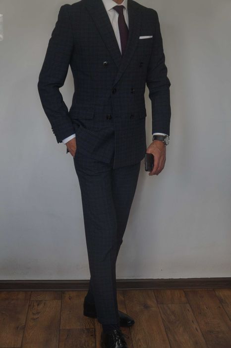 Jack&Jones Dwurzędowy Garnitur krata Rozmiar 46 Granatowy Elegancki Premium