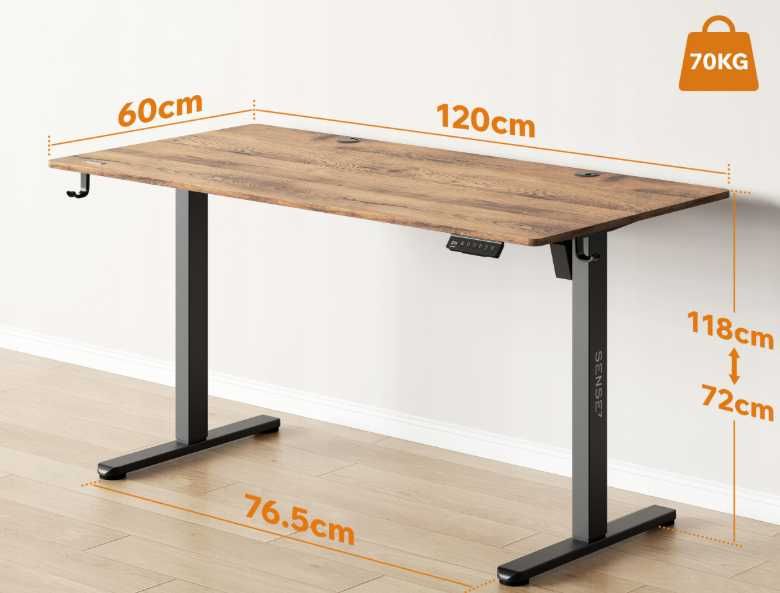Nowe Biurko Elektryczne 120x60cm Regulowane do 70kg Gamingowe do Domu do Biura Podnoszone - FV