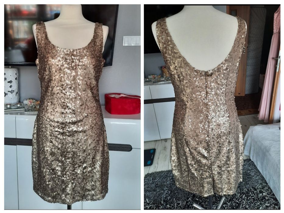 złota cekinowa sukienka imprezowa Reserved L, ołówkowa