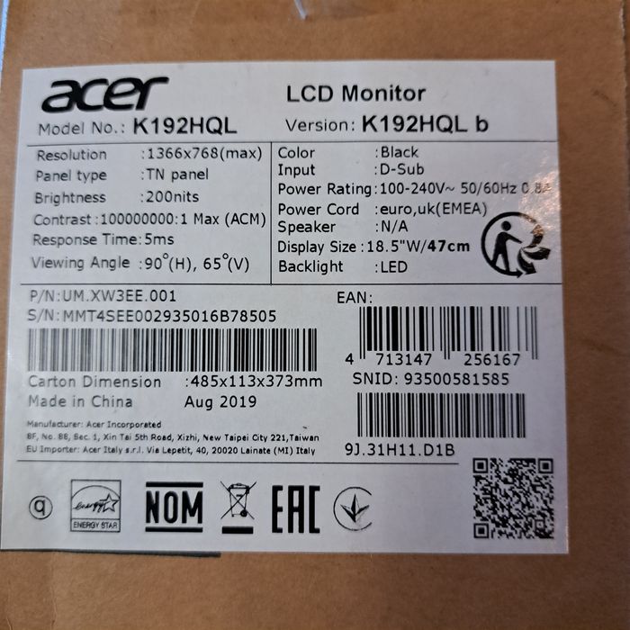 Новий монітор 18.5 "Acer K192HQLb (UM.XW3EE.002/UM.XW3EE.001)
