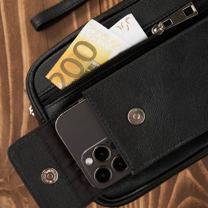 saszetka męska do ręki skórzana dwukomorowa czarna