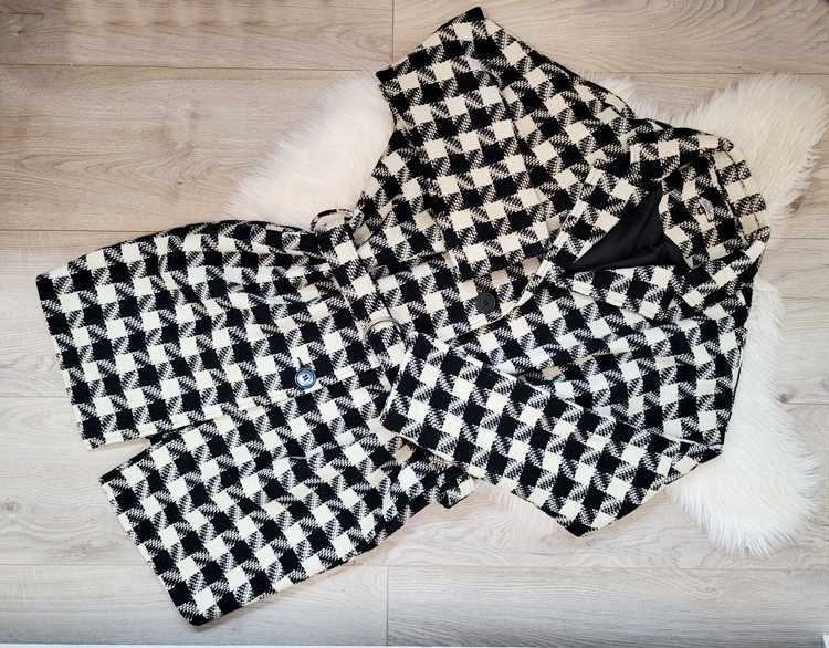 Kremowo-czarny płaszcz w pepitkę z wełną, paskiem, Bik Bok, L (40)