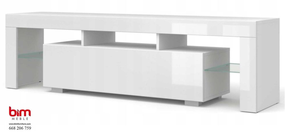 Szafka RTV 160 cm biały mat (korpus) / biały połysk (fronty)