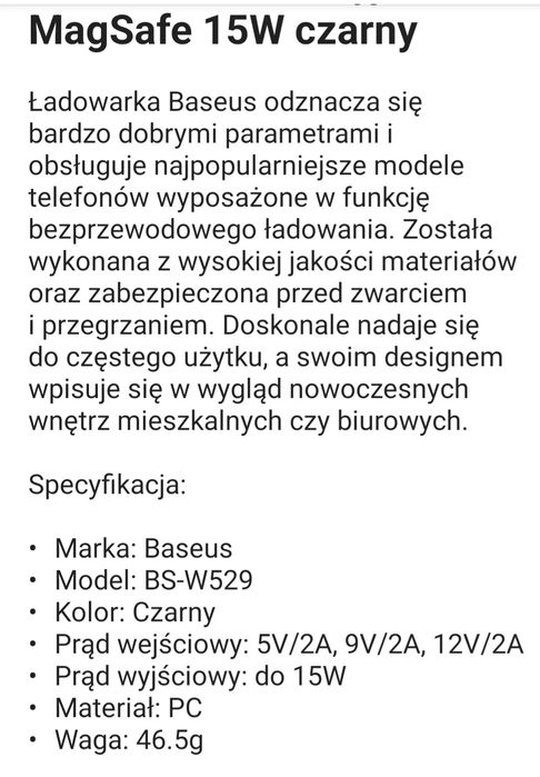 Baseus mini ładowarka indukcyjna Magsafe do IPhone 15W.Nowa.Polecam.