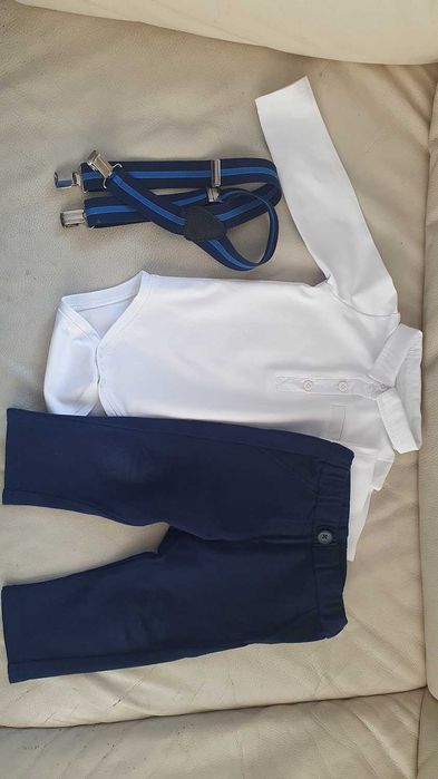 Komplet do chrztu rozm. 74 body spodnie i szelki szczupły chłopiec