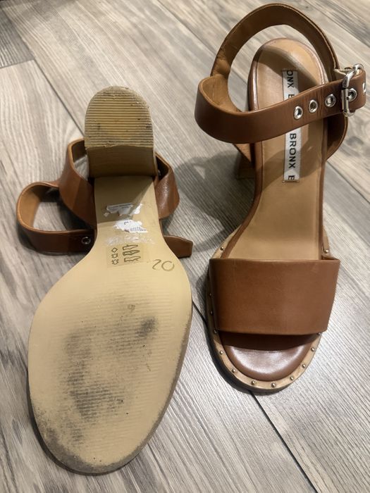 Skórzane sandały na słupku BRONX | Karmelowe / Camel | Boho | Stan bdb [rozmiar np. 38]