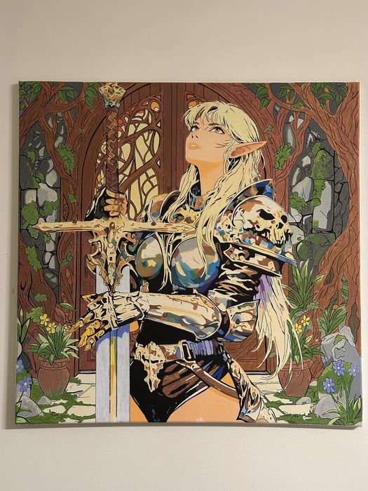 Quadro original fantasia épica – Elfa guerreira – 60×60 cm