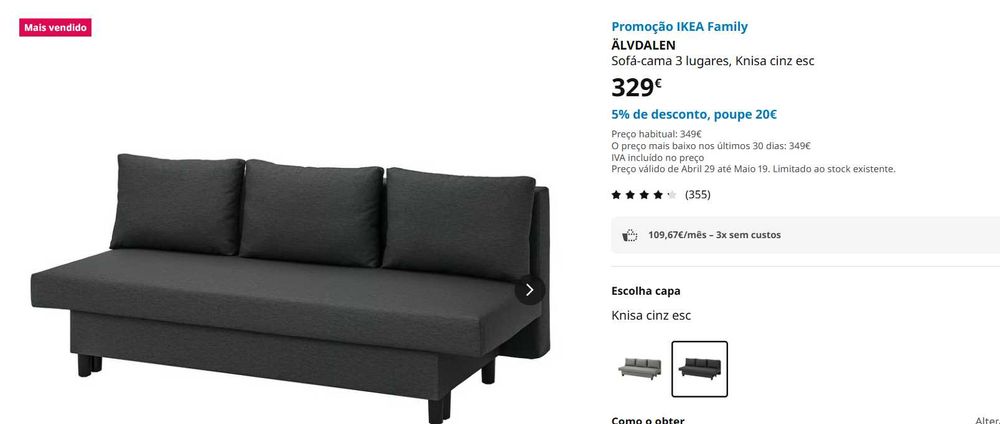 COMO NOVO: Sofá 3 lugares - converte em cama com arrumação (IKEA)