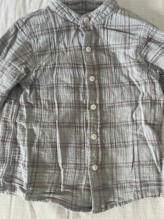 Camisa Gocco aos quadrados cinzenta e rosa, gola mao, 2-3 anos
