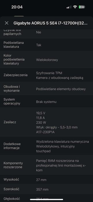 Gigabyte AORUS 5 SE4 i7-12700H/32GB/1TB RTX3070