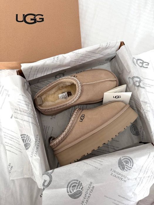 Ugg tasman platform жіночі уггі тапки ugg tazz beige бежеві на овчині