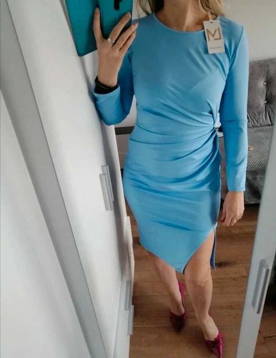 Sukienka elegancka midi marszczona niebieska blue s m L XL chrzciny