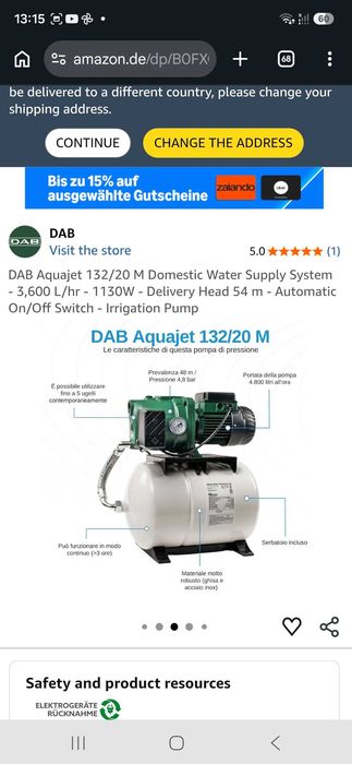 Sistema de abastecimento de água doméstico DAB Aquajet 132/20 M com caldeira Premium GWS PWB-20LH