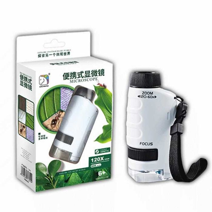 Microscópio de bolso pequeno portátil escola 60x a 120x LED NOVO