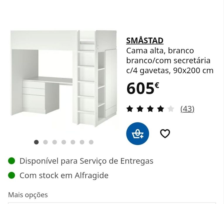 Cama Alta / Beliche com Secretária e Gavetas – Tipo IKEA SMÅSTAD