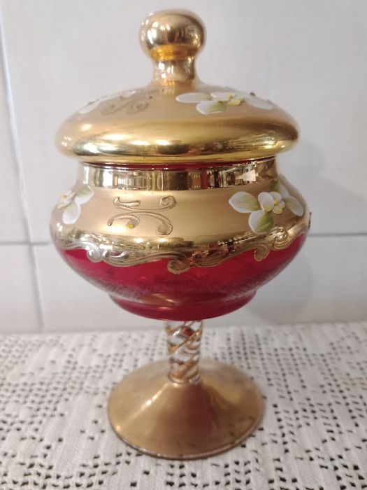 Red Murano glass candy jar painted with gold