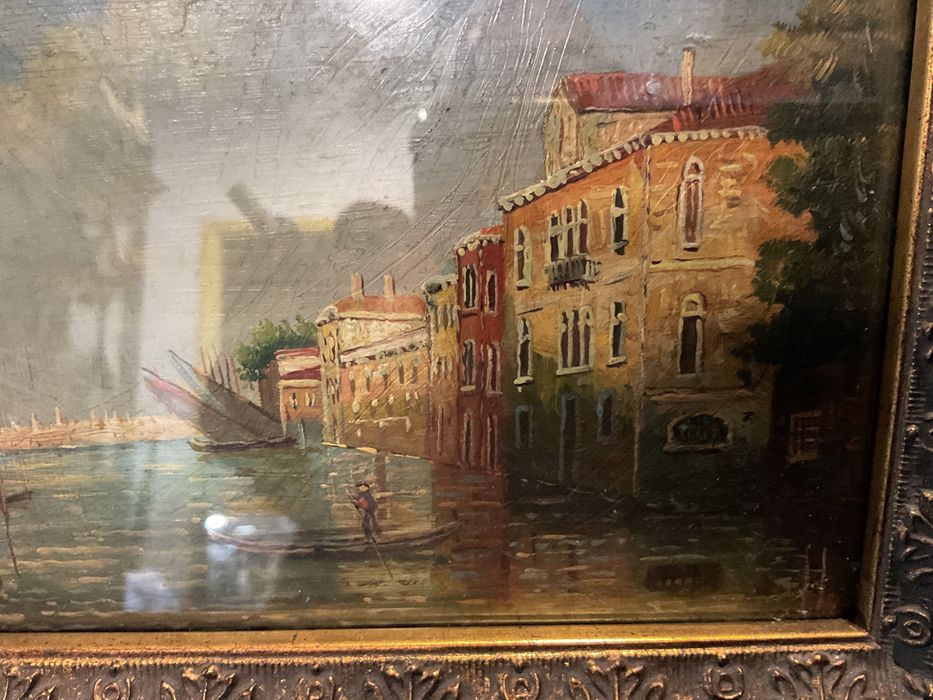 Quadro pintura on board frente com vidro peça vintage 34x29cm