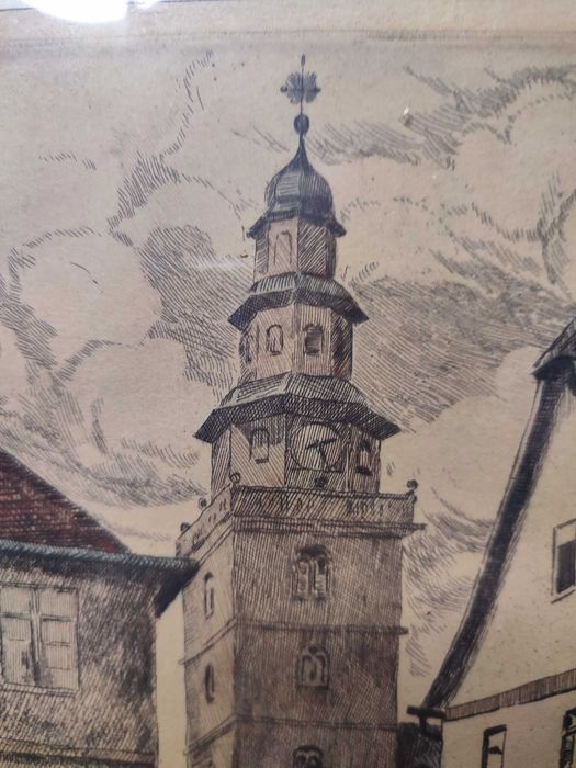 Akwaforta — „Stara miejska uliczka z wieżą”