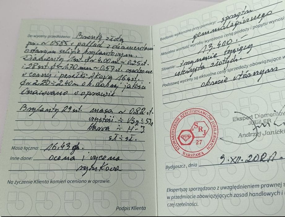 Złota broszka z diamentami i perłami