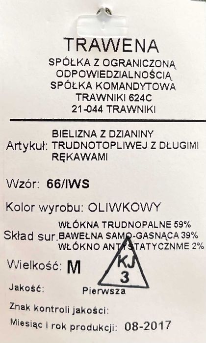 Bielizna z dzianiny trudnotopliwej WS z długim rękawem