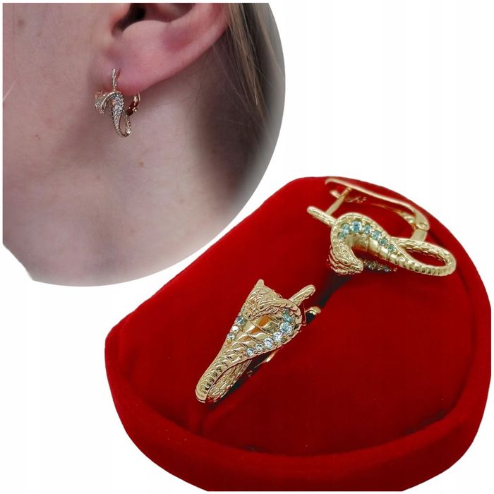 Kolczyki Angielskie Węże Kobry Brylantowe Cyrkonie  Pozłacane K1731