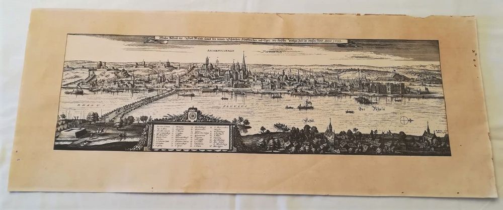 Gravura Mapa Cidade de Mainz - Matthias Merian 1633-(Reprodução 1927)