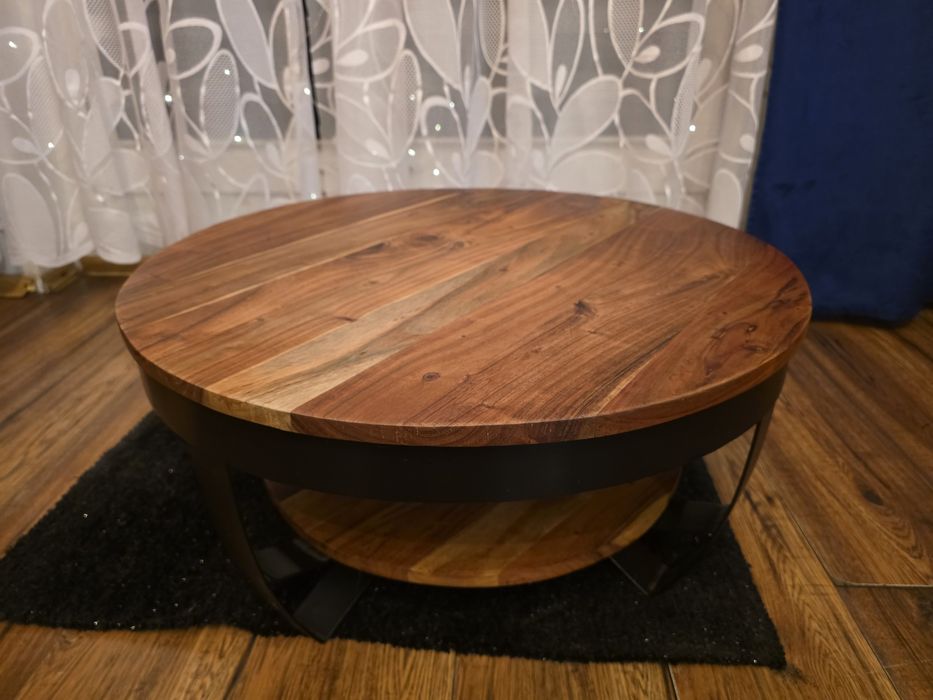 Stolik kawowy retro industrialny drewno i stalowe czarne nogi