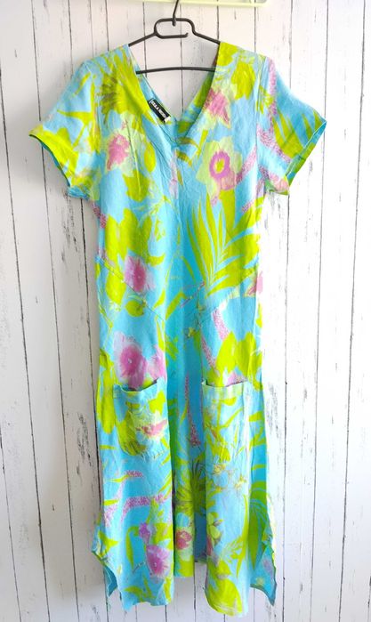 Włoska Lniana Sukienka Ella Moda L | Kwiaty Boho Maxi | 100% Len