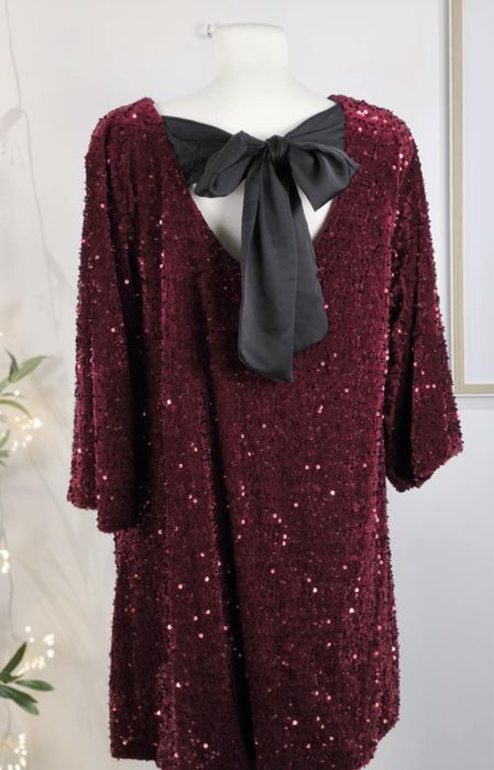 Sukienka cekinowa midi bordowa z kokardą na plecach wiskoza xl 42