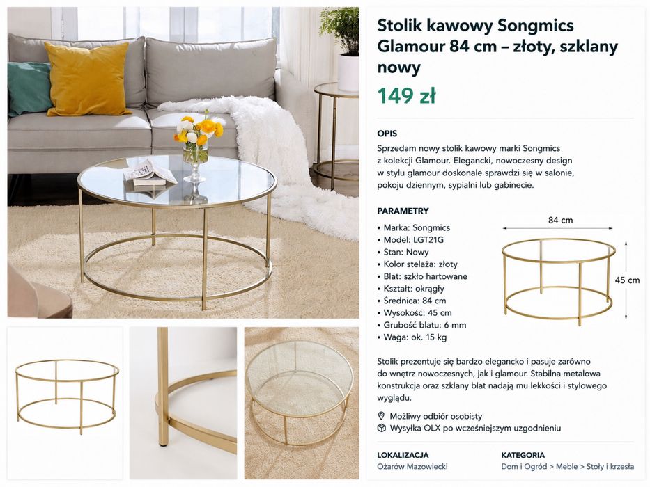 Stolik kawowy Songmics Glamour 84 cm – złoty, szklany