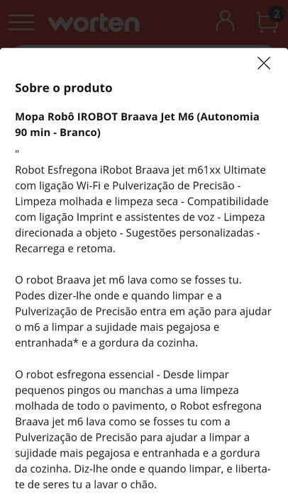Irobot mopa IROBOT Braava Jet M6 (Autonomia 90 min - Branco)