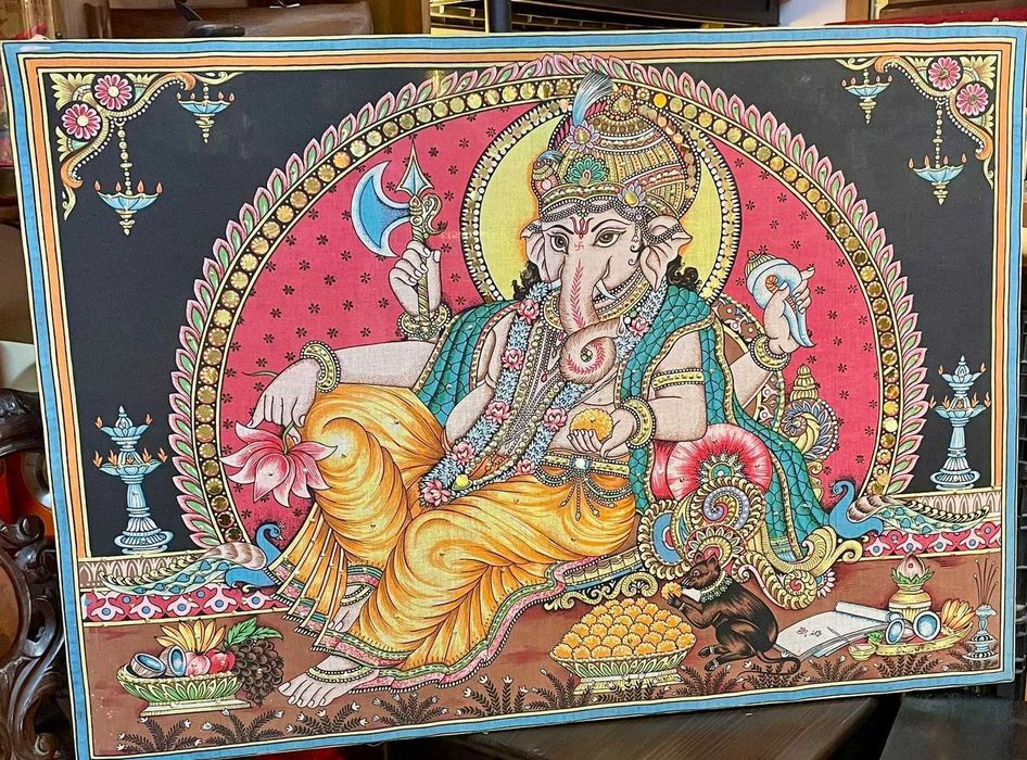 Quadro têxtil indiano representando Ganesha