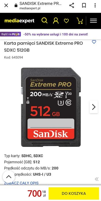 Karta pamięci SD SanDisk Extreme PRO 512GB. Nowa, oryginalna.