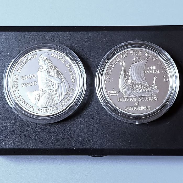 Набір! Долар США " Лейф Еріксон" 2000р. 1000 крон Ісландія. СРІБЛО.
