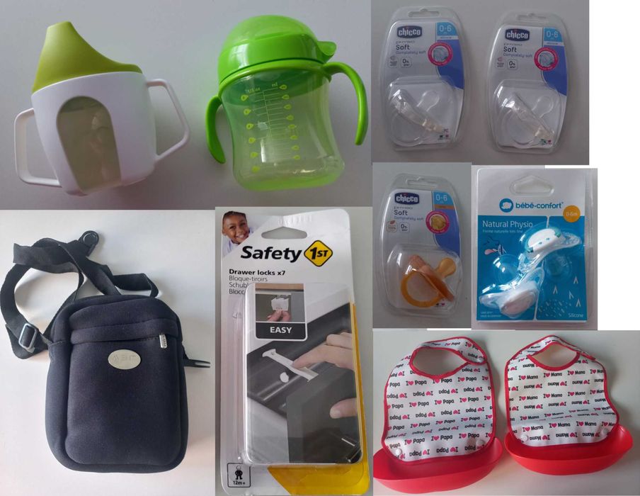 Copos transição + Bolsa Avent + Protetores gavetas + Chuchas + Babetes