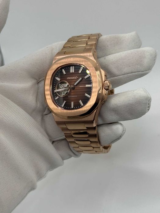 Seiko Mod Zegarek Nautilus Open Heart Rose Gold