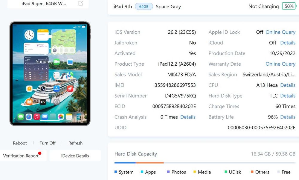 iPad 9 gen.WiFi/LTE 64GB, bat. 96%, IOS 26.2