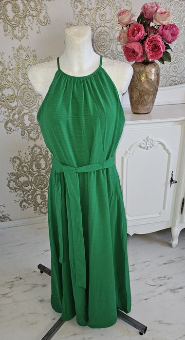 Długa maxi sukienka z paskiem DKNY w żywym zielonym kolorze r 38/40