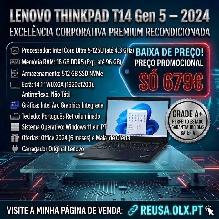Lenovo ThinkPad T14 Gen 5 | 2024 | 14" WUXGA | Ultra 5-125U | 16GB DDR5 | NVMe 512GB | Mala | W11