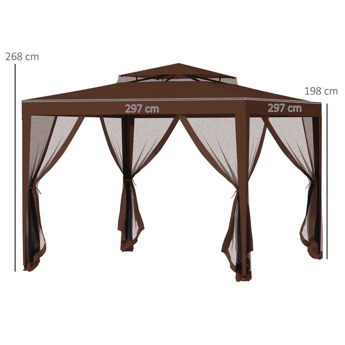 Pérgola quadrada 297x297x268 cm com teto ventilado e cortinas
