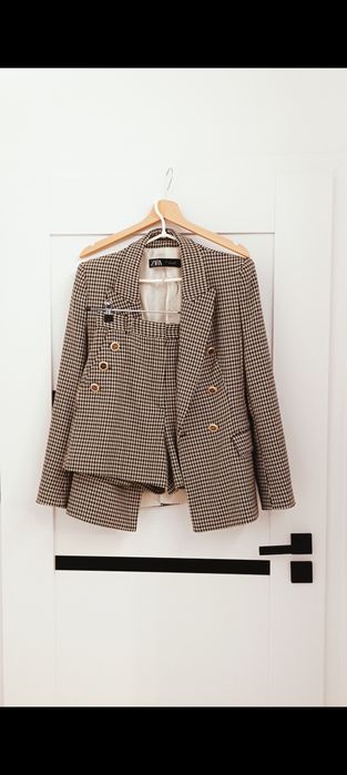 Zara garnitur w stylu old money w pepitkę komplet marynarka + szorty spodenki