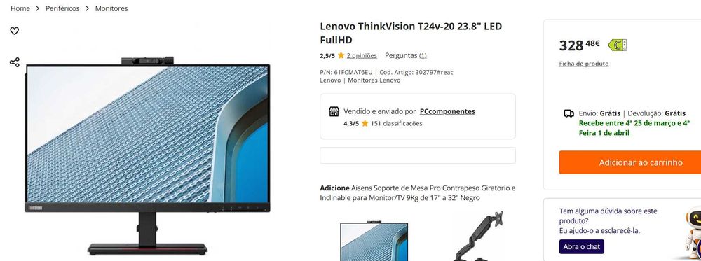 Monitor Lenovo ThinkVision T24v-20 24" com webcam\mic\colunas **Novo**