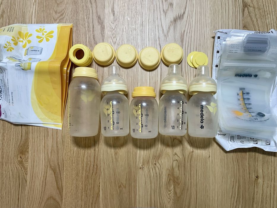 Biberões calma medela, frascos, sacos de congelação e esterelização