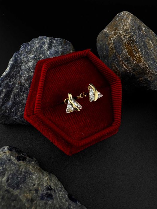 Złote Kolczyki "Trójkąty Cyrkonie" | JAK NOWE | 585 | 1.61g