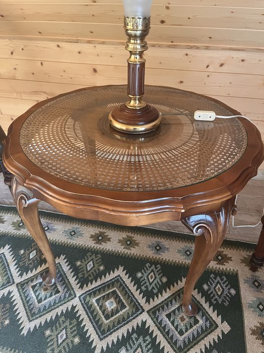 Elegancki komplet kawowy drewniany, retro, skora