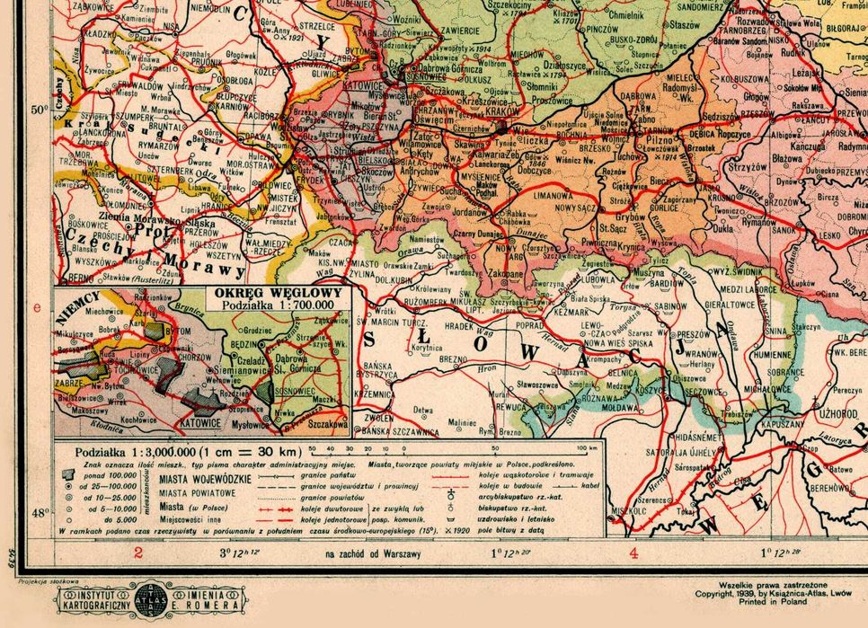 Mapa: Polska II Rzeczpospolita 1939 r. Płótno na blejtramie 100x80 cm.
